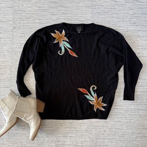 Aaeda Black Sweater Felted Floral Appliqué Accent Large F